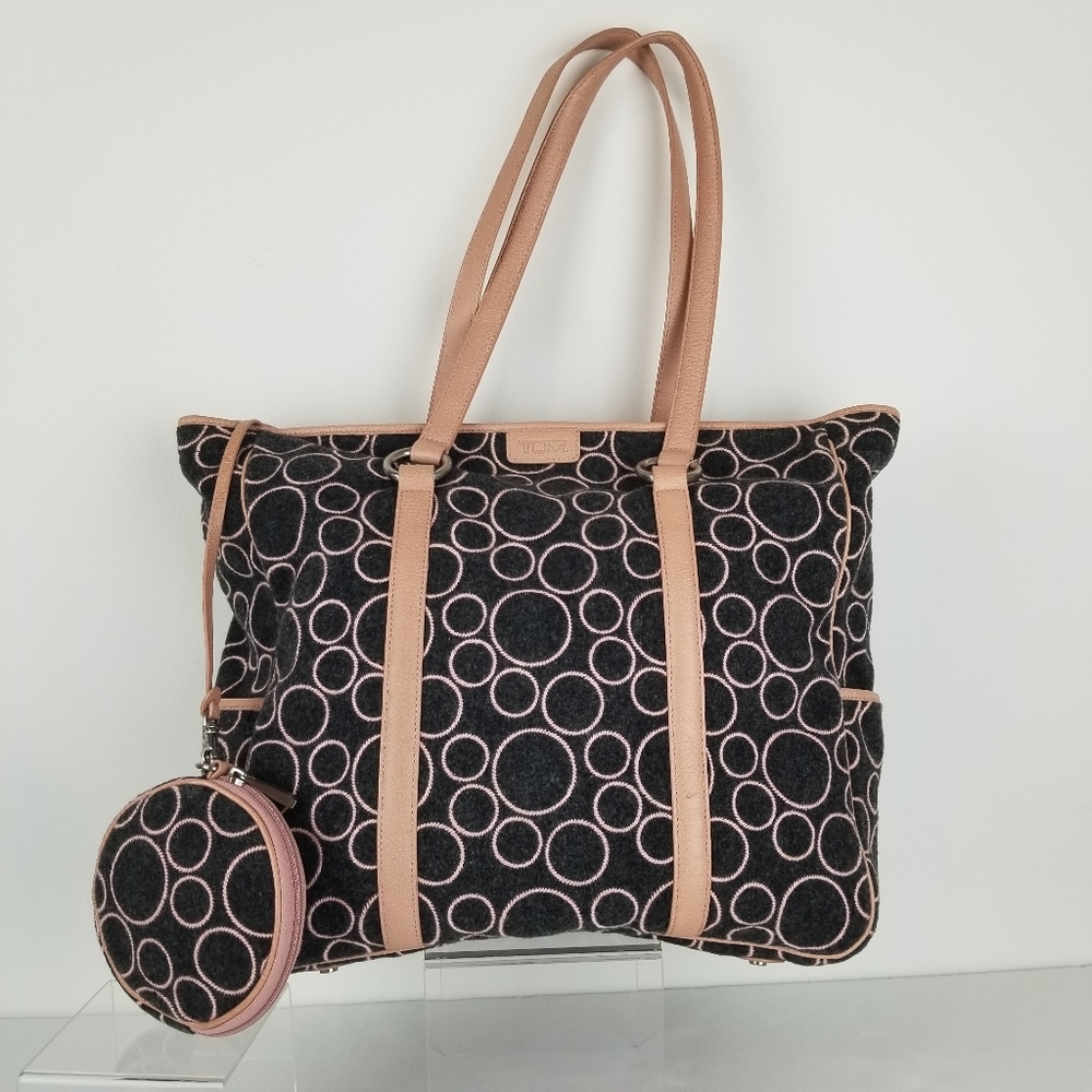 TUMI Tote Bag Gray Pink Circle Print Travel Carryall Shoulder Bag w Coin Purse